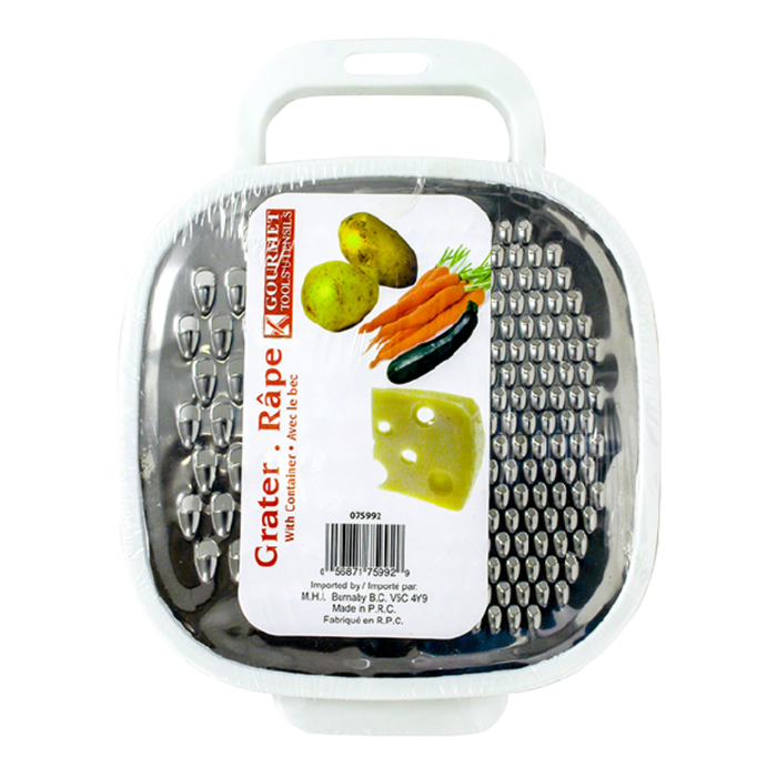 Grater with packaging featuring vegetables on a white background