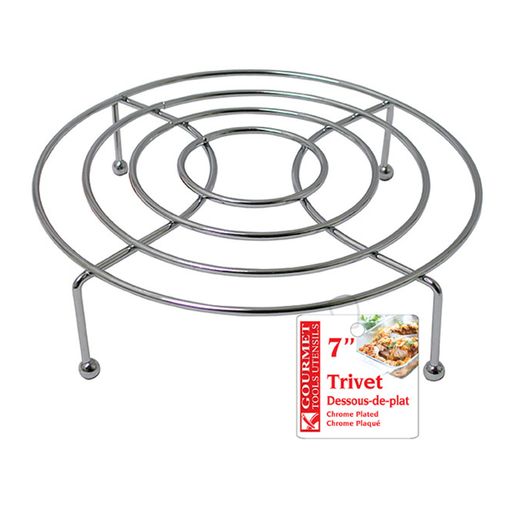 Metal trivet with spiral design on a white background, featuring a label indicating its size.