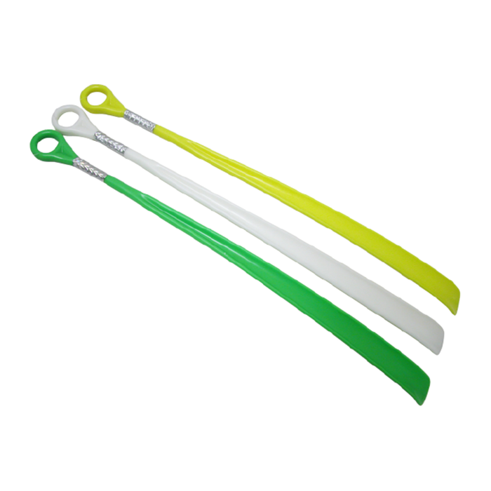 Three colorful shoe horns on a white background