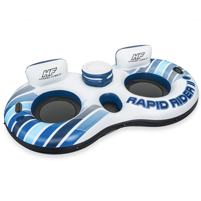 Bestway Hydro Force Rapid Rider II inflatable tube in vibrant colors, measuring 99" x 52", featuring an ergonomic backrest, cup holders, and grab handles for secure water relaxation.