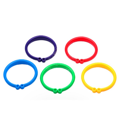 Five colorful plastic balloon weight bracelets in red, blue, green, yellow, and purple, each with a small snap closure.
