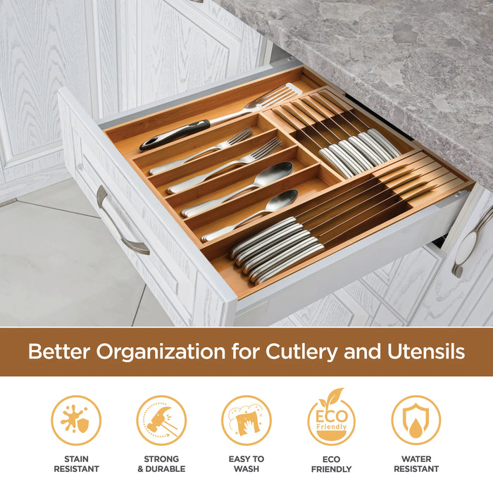 ADJUSTABLE BAMBOO SILVERWARE DRAWER ORGANIZER