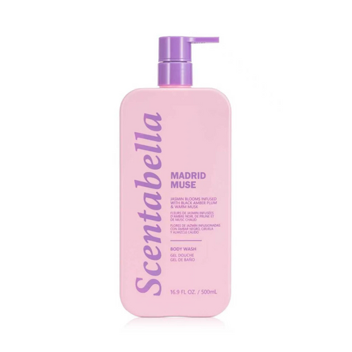 Pink bottle of Scentabella Madrid Muse body wash on a white background