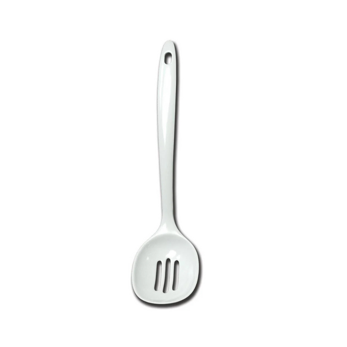White slotted spoon on a white background