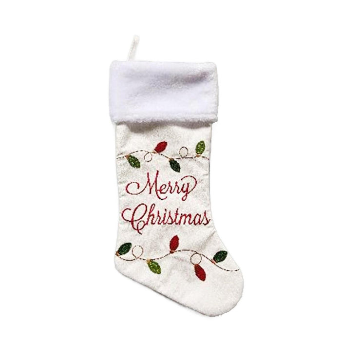 White Christmas stocking with 'Merry Christmas' text and decorative elements on a white background