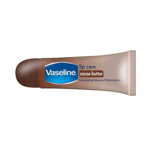 Vaseline lip care tube with cocoa butter on a white background