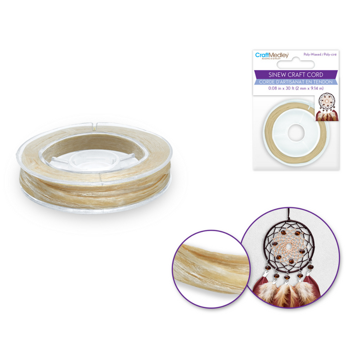 Light tan poly-waxed sinew cord displayed on a spool with retail packaging and a magnified detail of the waxed finish. Inset image shows the cord used in a dreamcatcher project.
