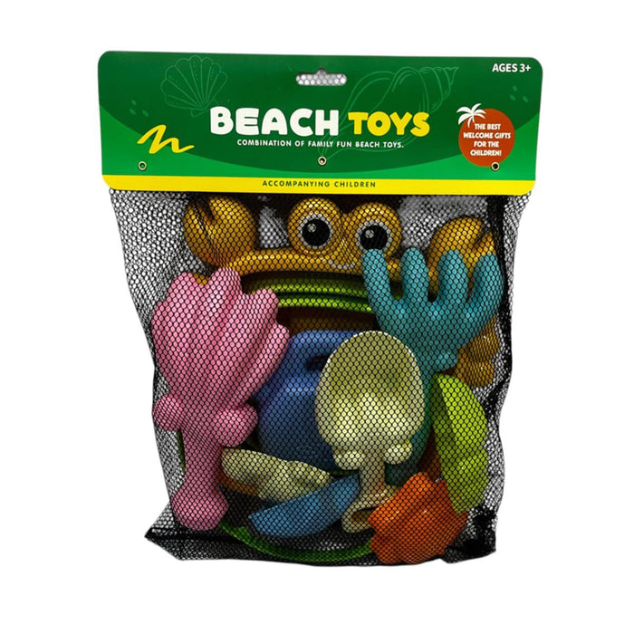 Packaged beach toys with colorful sand tools on a white background
