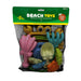 Packaged beach toys with colorful sand tools on a white background