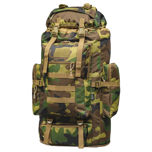 Camouflage backpack with brown straps on a white background