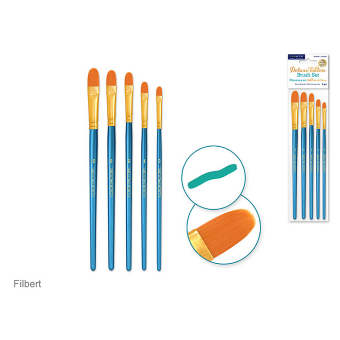 5-piece filbert brush set with rounded golden nylon tips and blue handles; includes packaging and stroke sample.