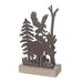 Decorative metal sculpture of a moose and an eagle with trees on a wooden base.