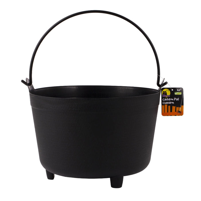 A black cast-iron style cauldron-shaped garden pot with a curved top handle and small feet, shown on a white background with a small product tag attached.