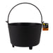 A black cast-iron style cauldron-shaped garden pot with a curved top handle and small feet, shown on a white background with a small product tag attached.