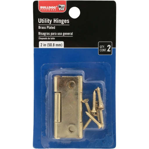 Bulldog Hardware utility hinges in packaging with screws on a white background