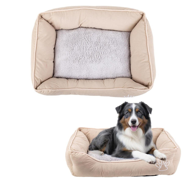 Dog lying on a beige pet bed with a white background