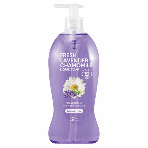 Purple bottle of fresh lavender chamomile liquid soap on a white background