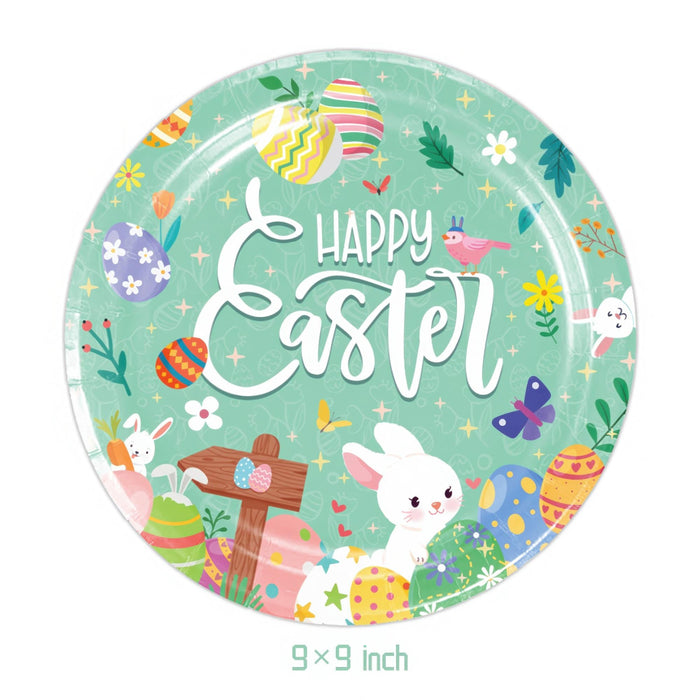Round Easter-themed paper plate with colorful designs and 'Happy Easter' text on a white background.