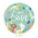 Round Easter-themed paper plate with colorful designs and 'Happy Easter' text on a white background.