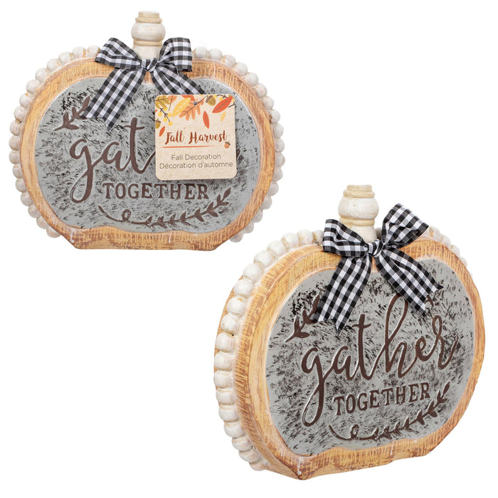 Two rustic fall harvest decorative wooden signs with 'gather together' script, beaded edges, black-and-white gingham bows, and a hanging tag reading 'Fall Harvest Fall Decoration'.