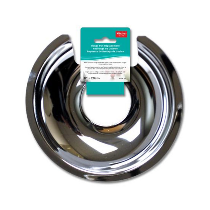 Stainless steel drip pan with a label on a white background