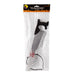 A packaged novelty prop saw with a black handle and red splatter details, sealed in a clear plastic bag with a black header card.