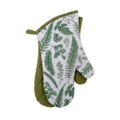 Green and white oven mitt with fern leaf print and quilted green back, designed for heat protection while cooking or baking.