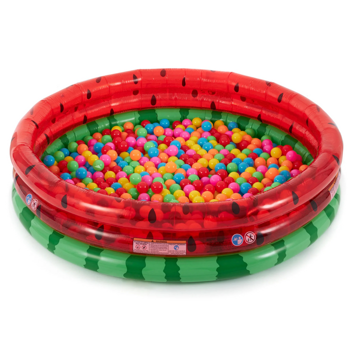 Inflatable watermelon-themed pool filled with colorful plastic balls, shown on a white background.