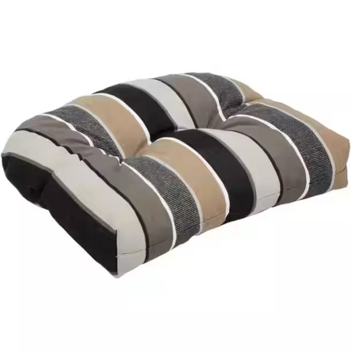 Striped cushion with brown, black, and beige pattern on a white background