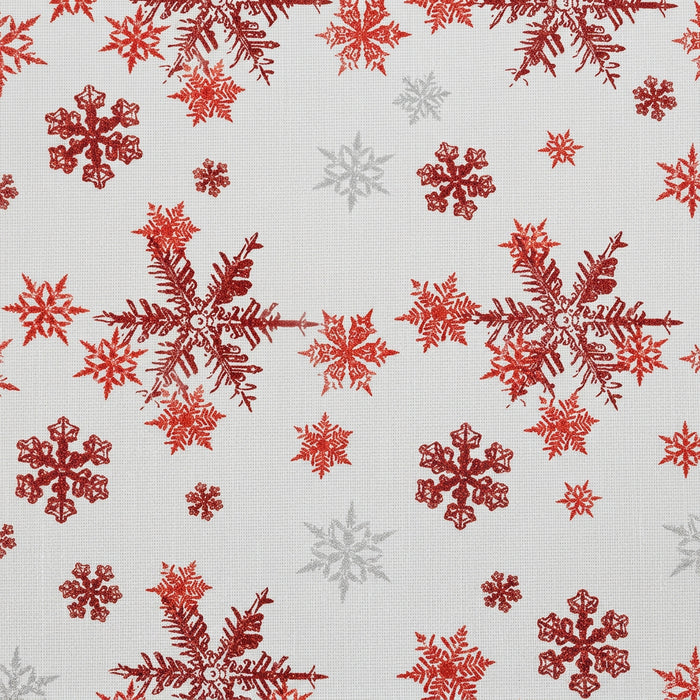 A square textile or fabric swatch featuring a repeating pattern of red and gray snowflakes on a light gray background.