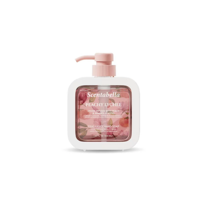 Scentabella Peachy Lychee hand soap with pump on a white background