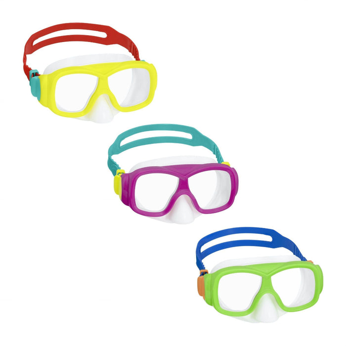 Three youth diving masks in different colors: yellow, purple, and green.