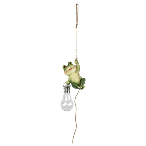 Frog figurine hanging from a light bulb on a white background