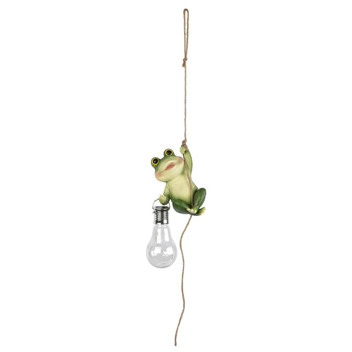 Frog figurine hanging from a light bulb on a white background
