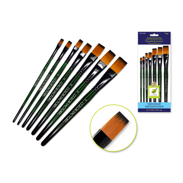 7-piece flat brush set labeled “Color Factory” with green wood handles and golden nylon bristles, shown loose, in retail packaging, and with a close-up of brush tip.
