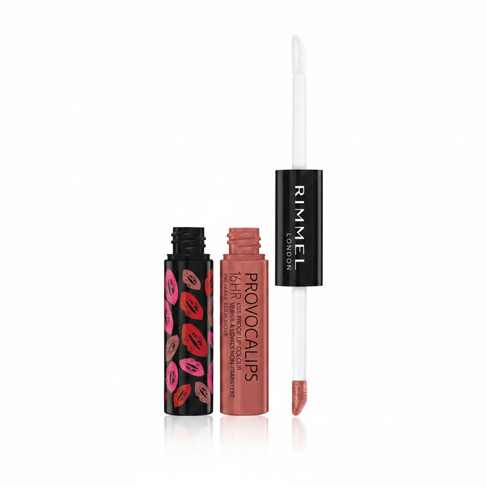 Rimmel London Provocalslips 16 Hour Kiss Proof Lip Colour set, featuring a black tube with pink and red lip print, an open nude-pink tube, and a white applicator wand with a glittery pink tip, on a white background.