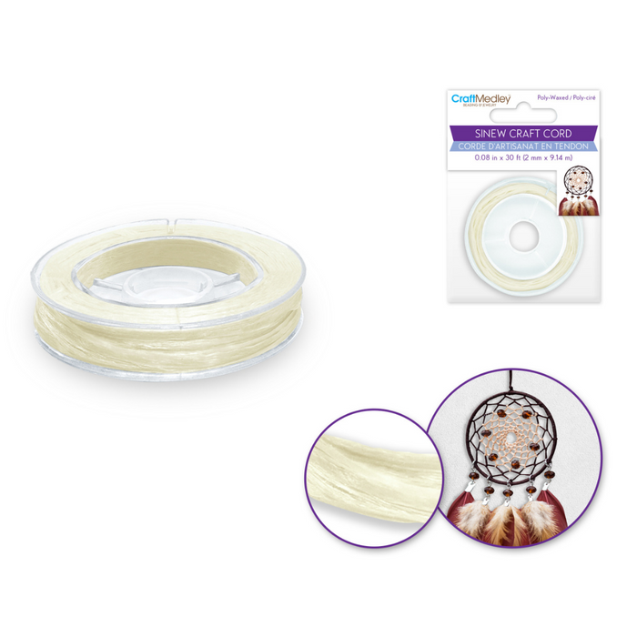 Coil of off-white poly-waxed sinew cord on a clear spool, with packaging and a close-up of the cord texture. Inset shows a dreamcatcher using the sinew.