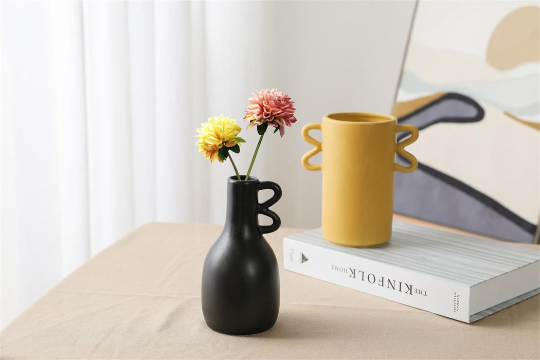 CERAMIC VASE WITH SIDE LOOPS - 3.3"X3.3"X6.2" BLACK