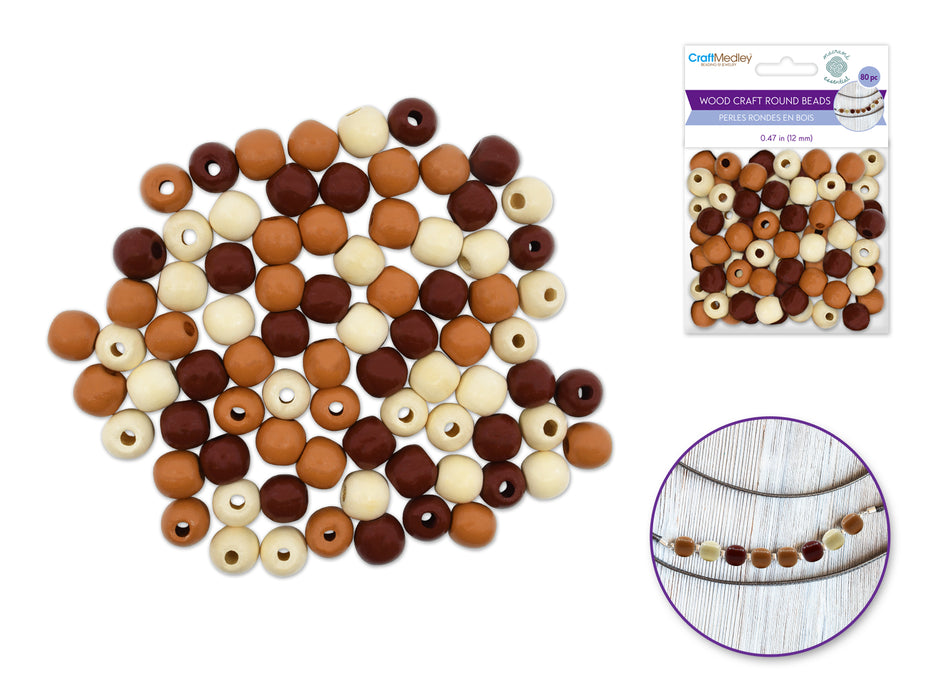 CRAFTWOOD ROUND BEADS NATURAL WOOD STAINED MEDLEY - 12MM 80PC