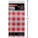 Red and white checkered plastic tablecloth packaging with dimensions on a white background