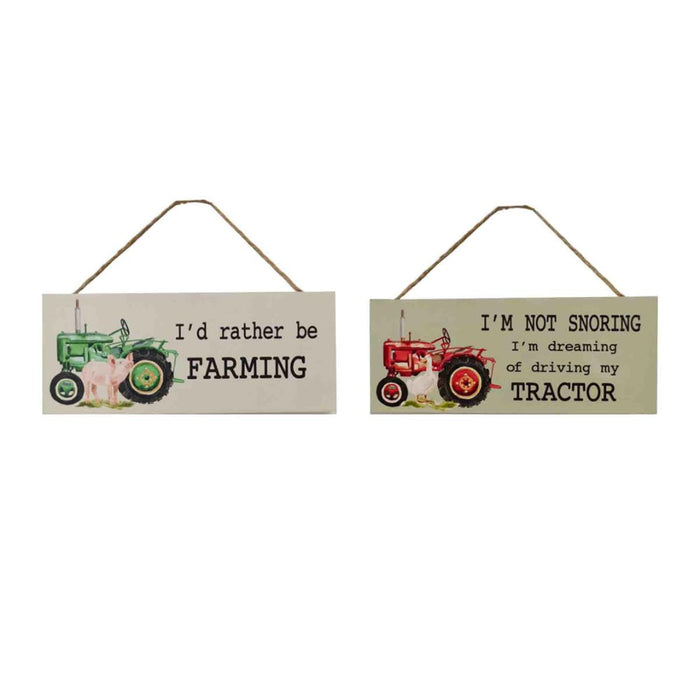 Two wooden signs with farm-themed designs and text on a white background.