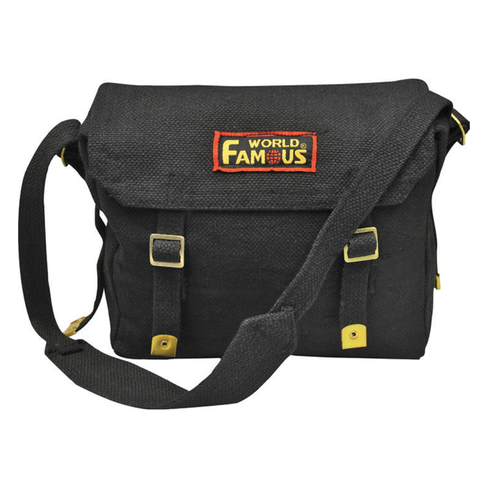 Black shoulder bag with 'World Famous' logo on a white background