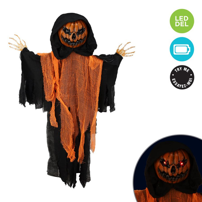 HANGING LIGHT-UP PUMPKIN-REAPER WITH RED PULSATING EYES 120CM TALL