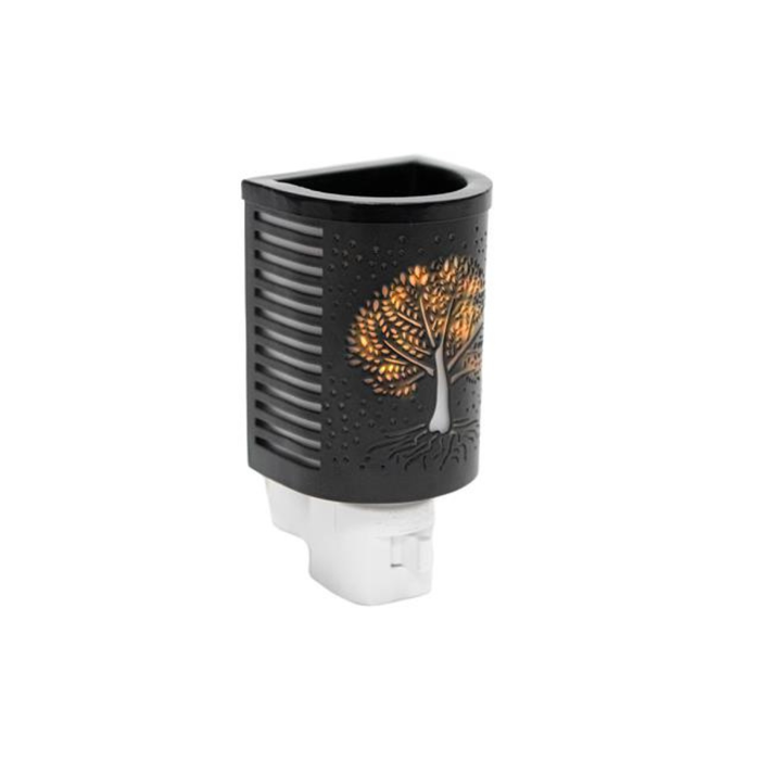 Black and white night light with tree design on a white background