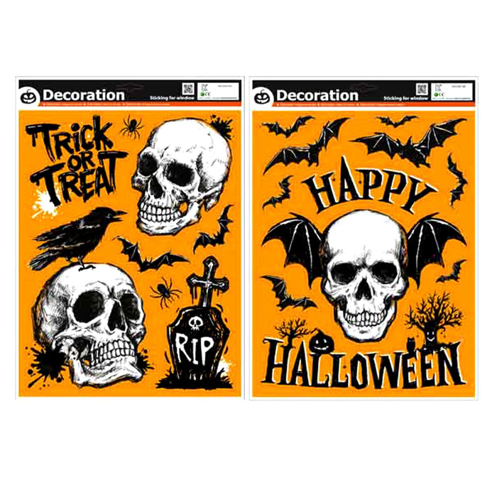 Two Halloween-themed decorative sticker sheets on a white background. The left sheet says 'Trick or Treat' with skulls, a crow, and a tombstone.