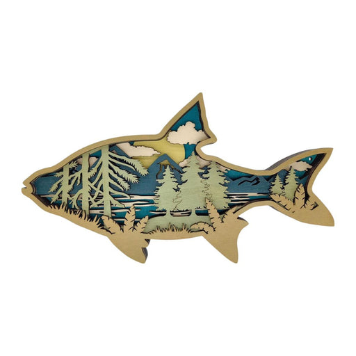 Wooden fish-shaped cutout with nature design on a white background