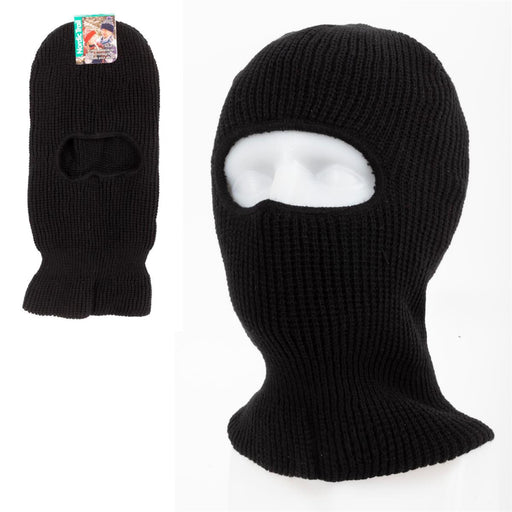 Black knit balaclava and matching gloves on a white background
