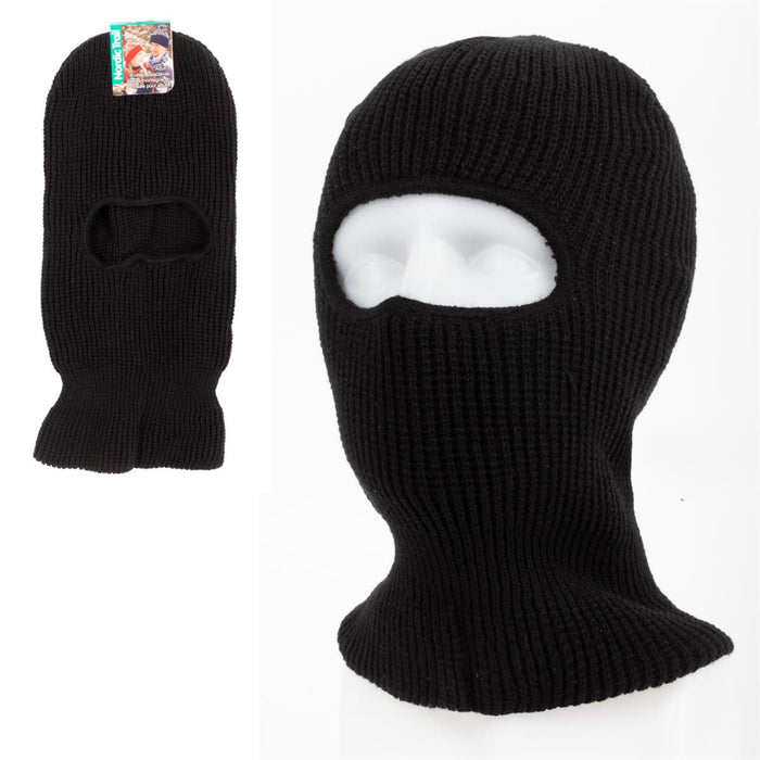 Black knit balaclava and matching gloves on a white background