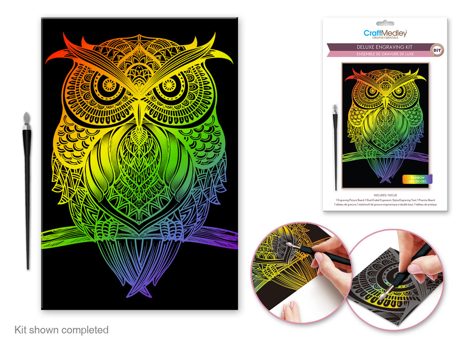 Colorful owl design on a black background with CraftMedley packaging and usage instructions.