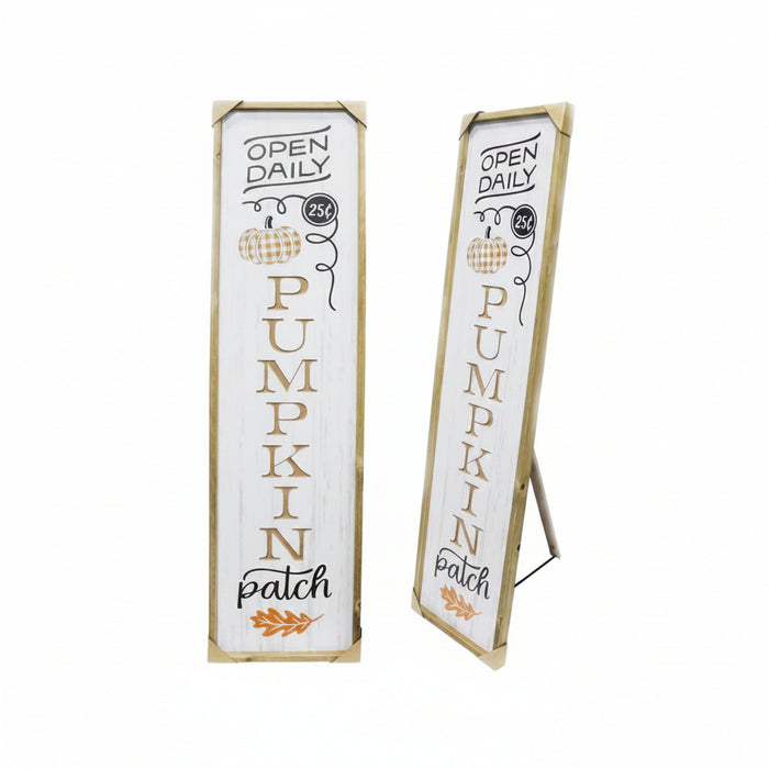 Two rustic wooden sign boards with a 'Pumpkin Patch' design, one standing vertically and the other propped on a small stand, against a plain white background.